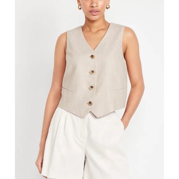NWT Old Navy A Stone'S Throw White Linen-Blend Button-Front Vest Womens Size L - Picture 1 of 10